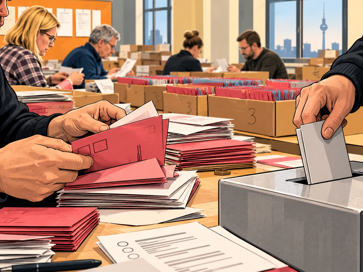 Redaktionelle Illustration einer Stimmenauszählung mit Wahlunterlagen und Sortierboxen