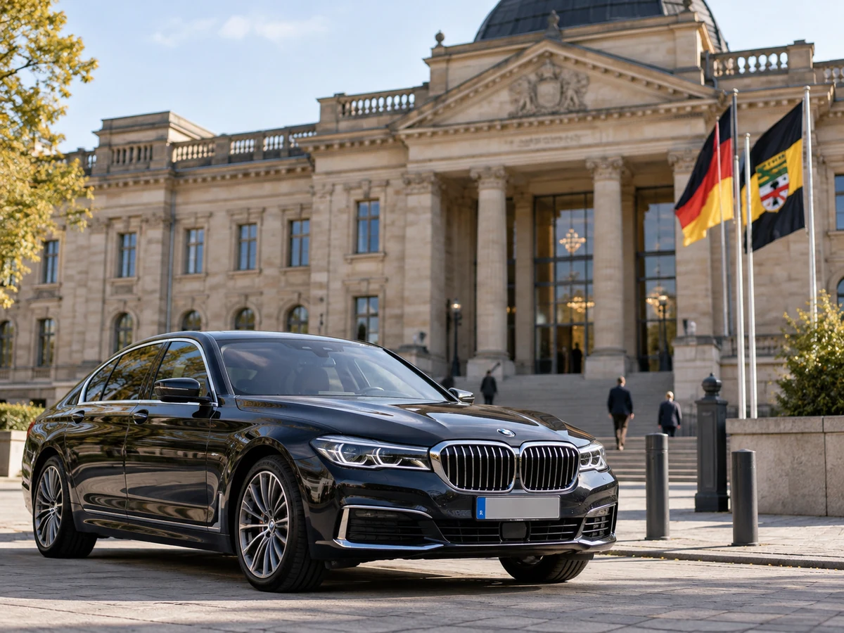 Symbolische Darstellung einer schwarzen BMW-Limousine vor einem Parlamentsgebäude, keine Aufnahme des realen Landtags oder Dienstwagens