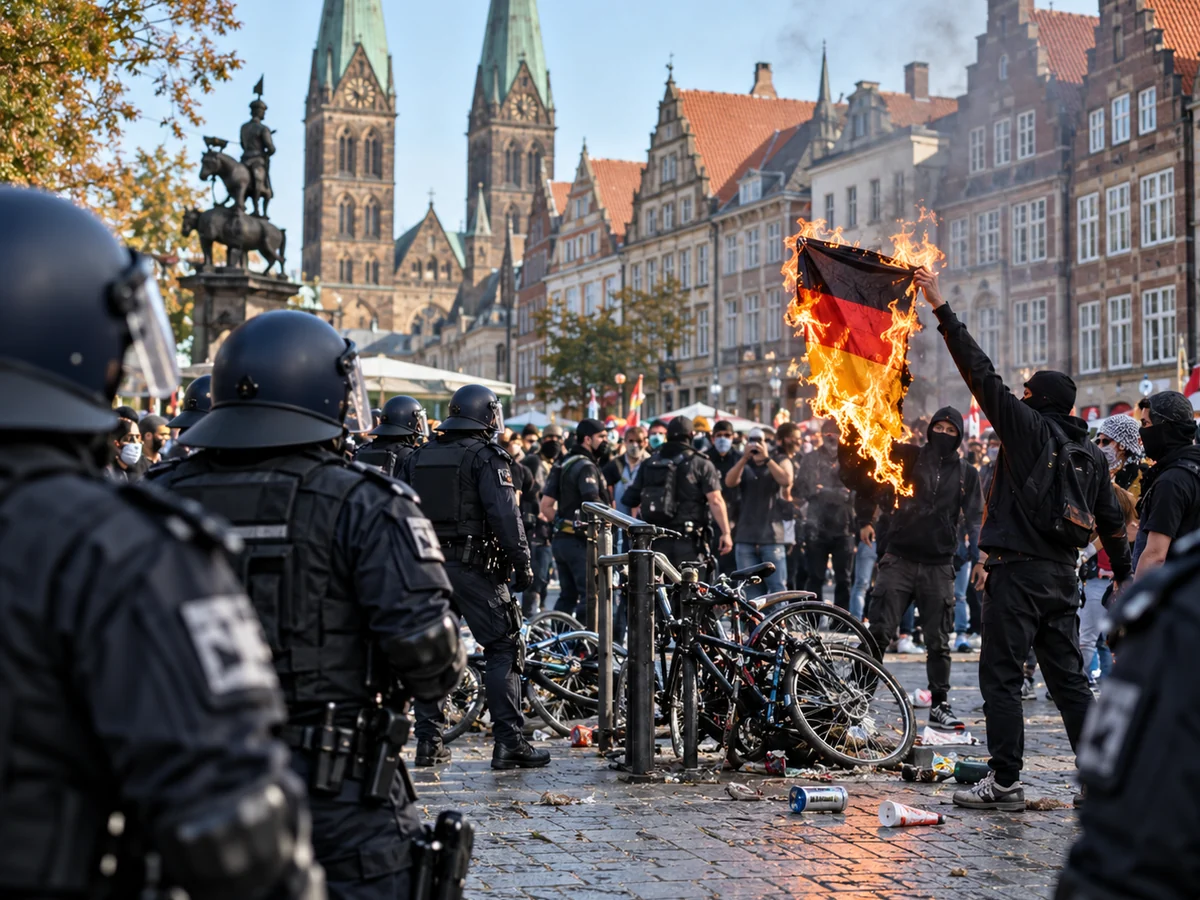 Redaktionelle KI-Illustration einer Demonstrationslage in Bremen mit Polizeipräsenz und brennender Deutschlandflagge