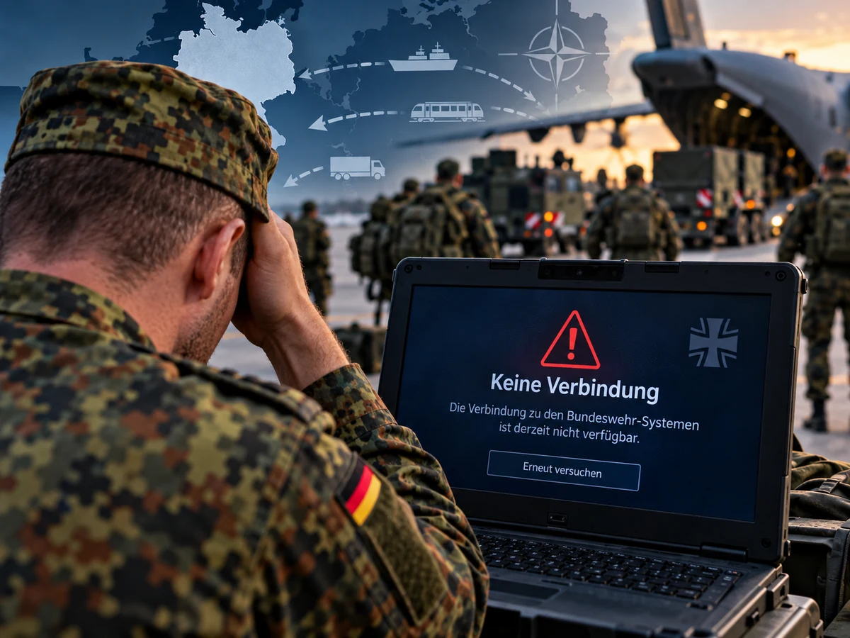 Redaktionelle KI-Illustration zu einer IT-Störung bei der Bundeswehr mit Reservist, Laptop und militärischer Logistik im Hintergrund