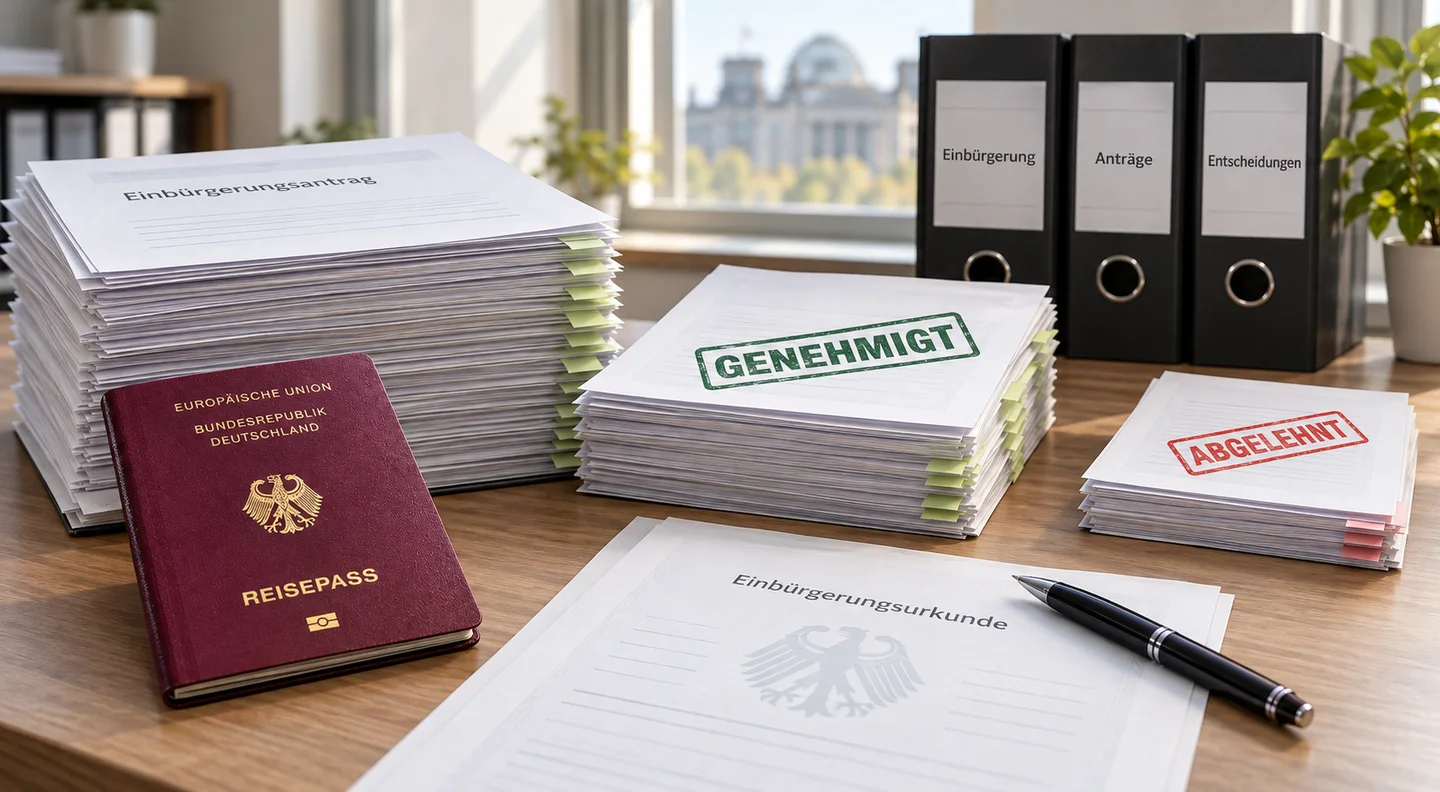 Redaktionelle KI-Illustration zu Einbürgerungsanträgen, Bewilligungen und Ablehnungen