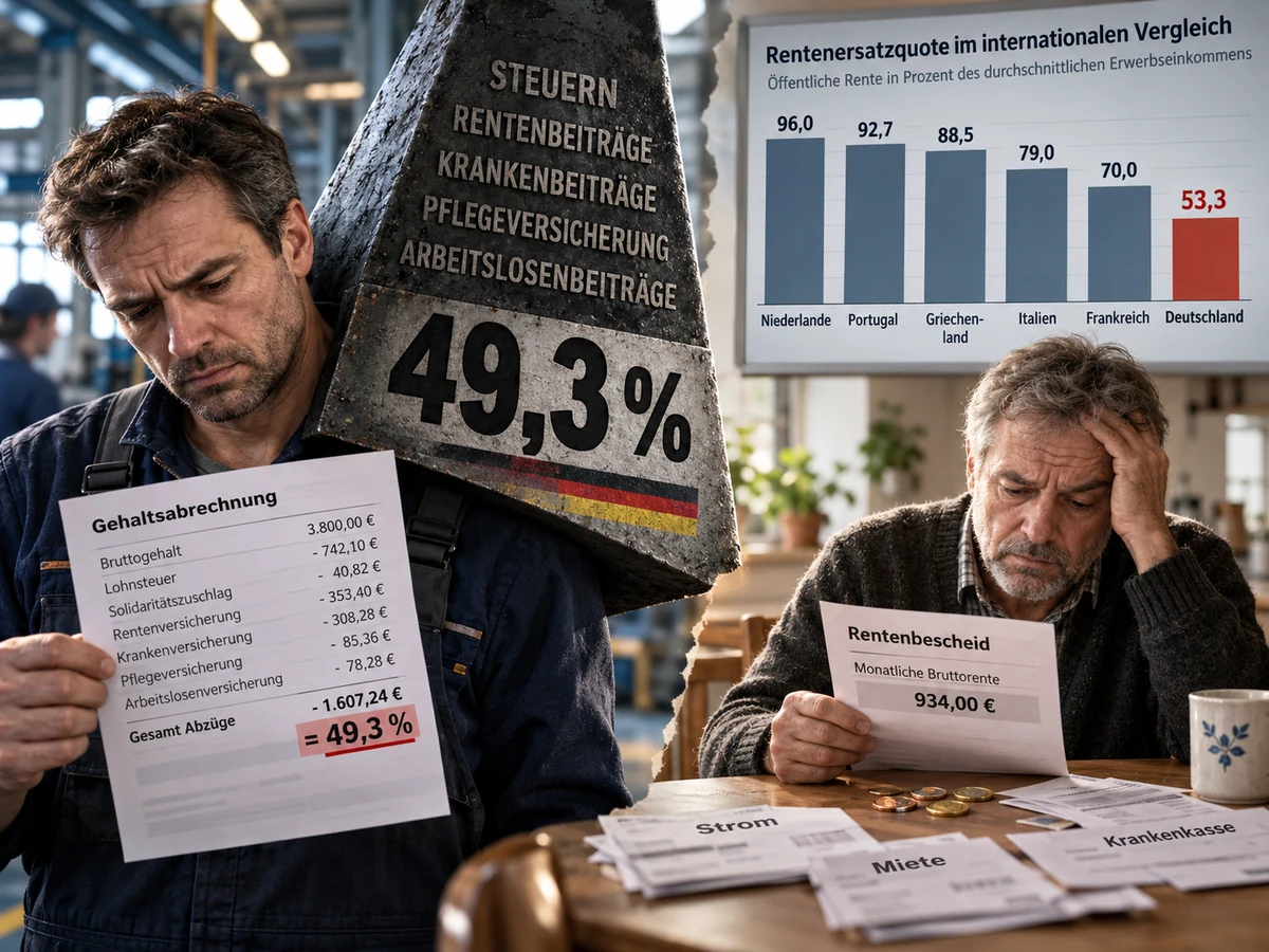 Redaktionelle KI-Illustration zur hohen Belastung auf Arbeit und zur Renten-Nettoersatzquote in Deutschland