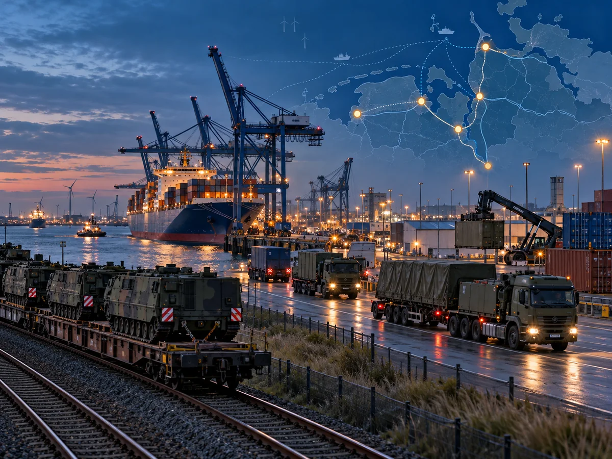 Redaktionelle KI-Illustration zu Hafen-, Bahn- und Straßenlogistik im Nordwesten Deutschlands