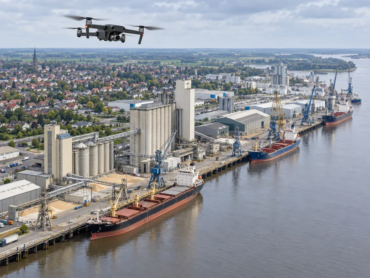 Redaktionelle KI-Illustration einer Drohne über Hafenanlagen, angelehnt an den Seehafen Brake