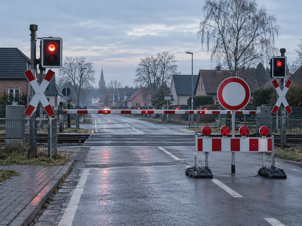 Geschlossener Bahnübergang mit roten Warnlichtern und Absperrung als Symbol für die angekündigten Vollsperrungen in Elsfleth