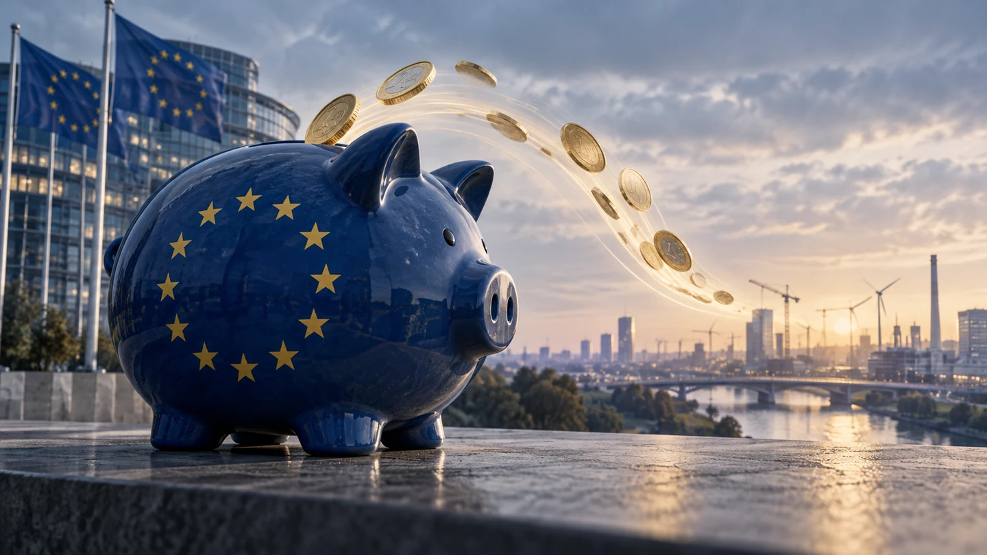 Symbolische KI-Illustration: blaues Sparschwein mit EU-Sternen, Euro-Münzen und Industrieanlagen im Hintergrund