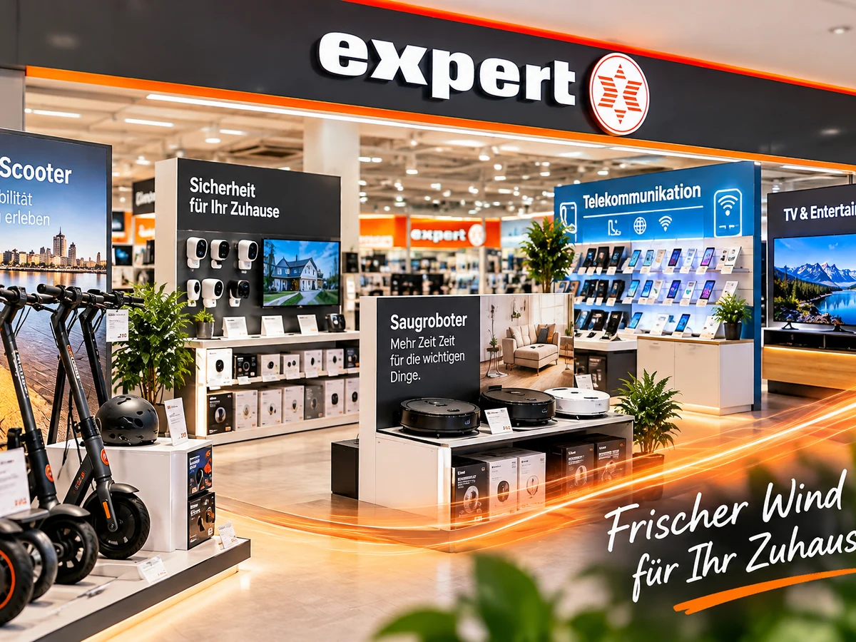 KI-Illustration eines beispielhaften Elektronikfachmarkts mit E-Scootern, Sicherheitstechnik, Saugrobotern, Mobiltelefonen und Fernsehern, nicht die Filiale in Brake