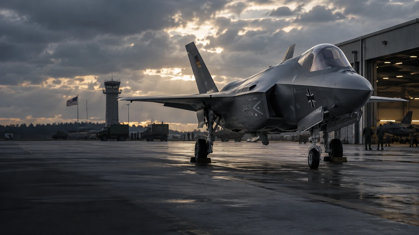 Redaktionelle KI-Illustration eines F-35-Kampfjets mit deutschem und amerikanischem Bezug