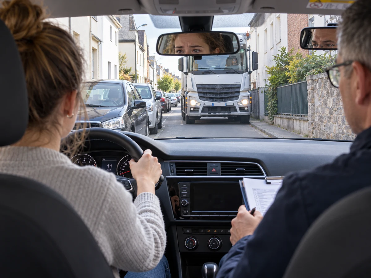 Redaktionelle Illustration zu einer angespannten praktischen Fahrprüfung mit Gegenverkehr