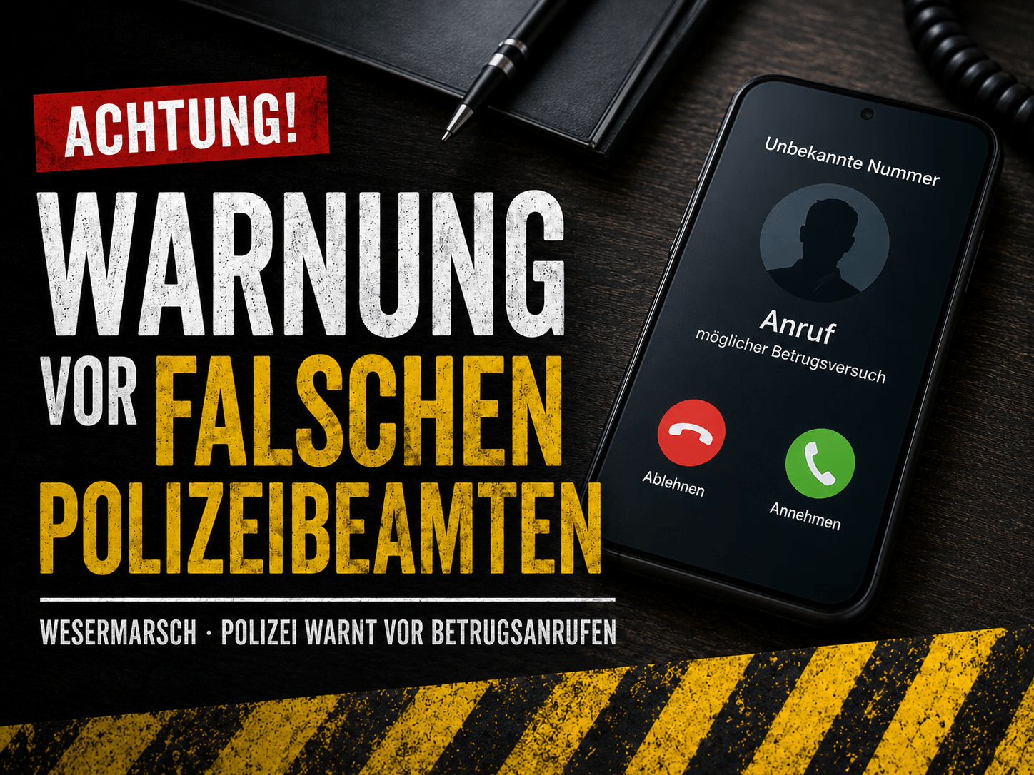 Warnbild vor falschen Polizeibeamten und Betrugsanrufen in der Wesermarsch