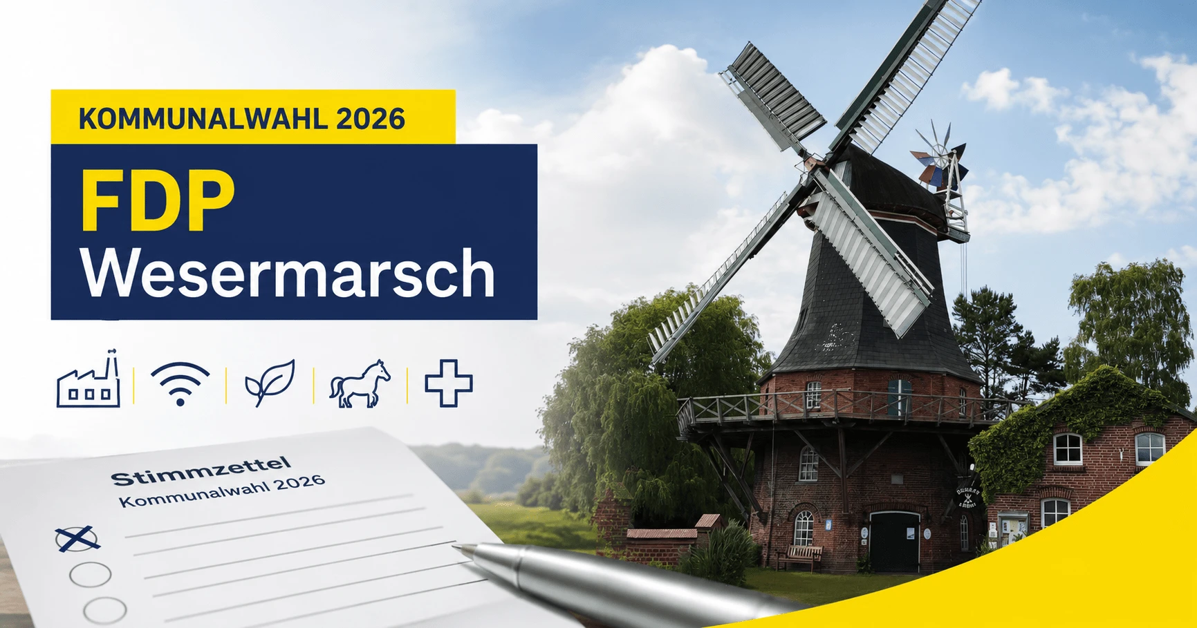 Redaktionelle Illustration zur FDP Wesermarsch bei der Kommunalwahl 2026 mit Windmühle und Stimmzettel