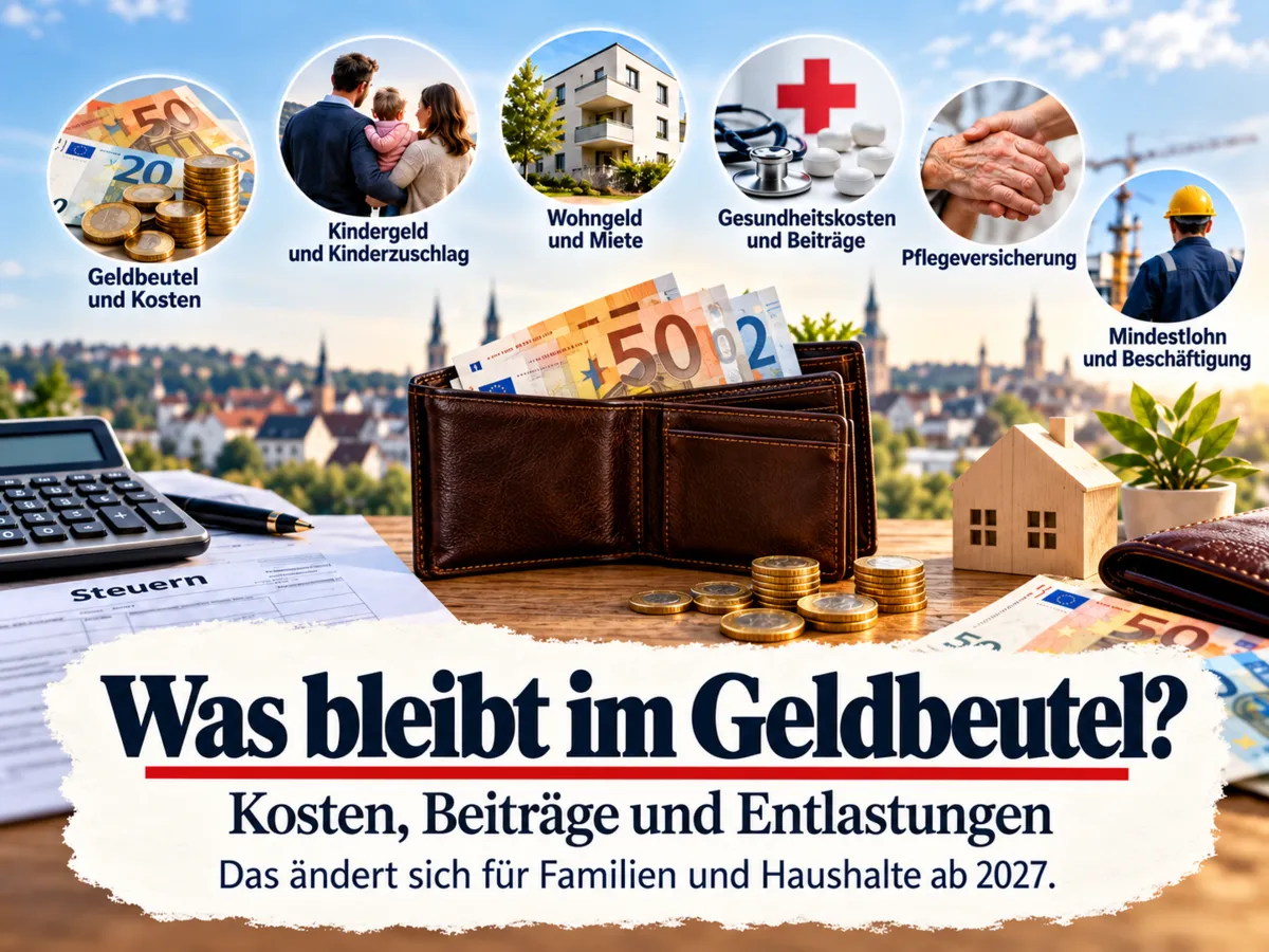 Redaktionelle KI-Illustration zu den finanziellen Änderungen 2027 bei Kindergeld, Wohngeld, Gesundheit, Pflege, Steuern und Mindestlohn