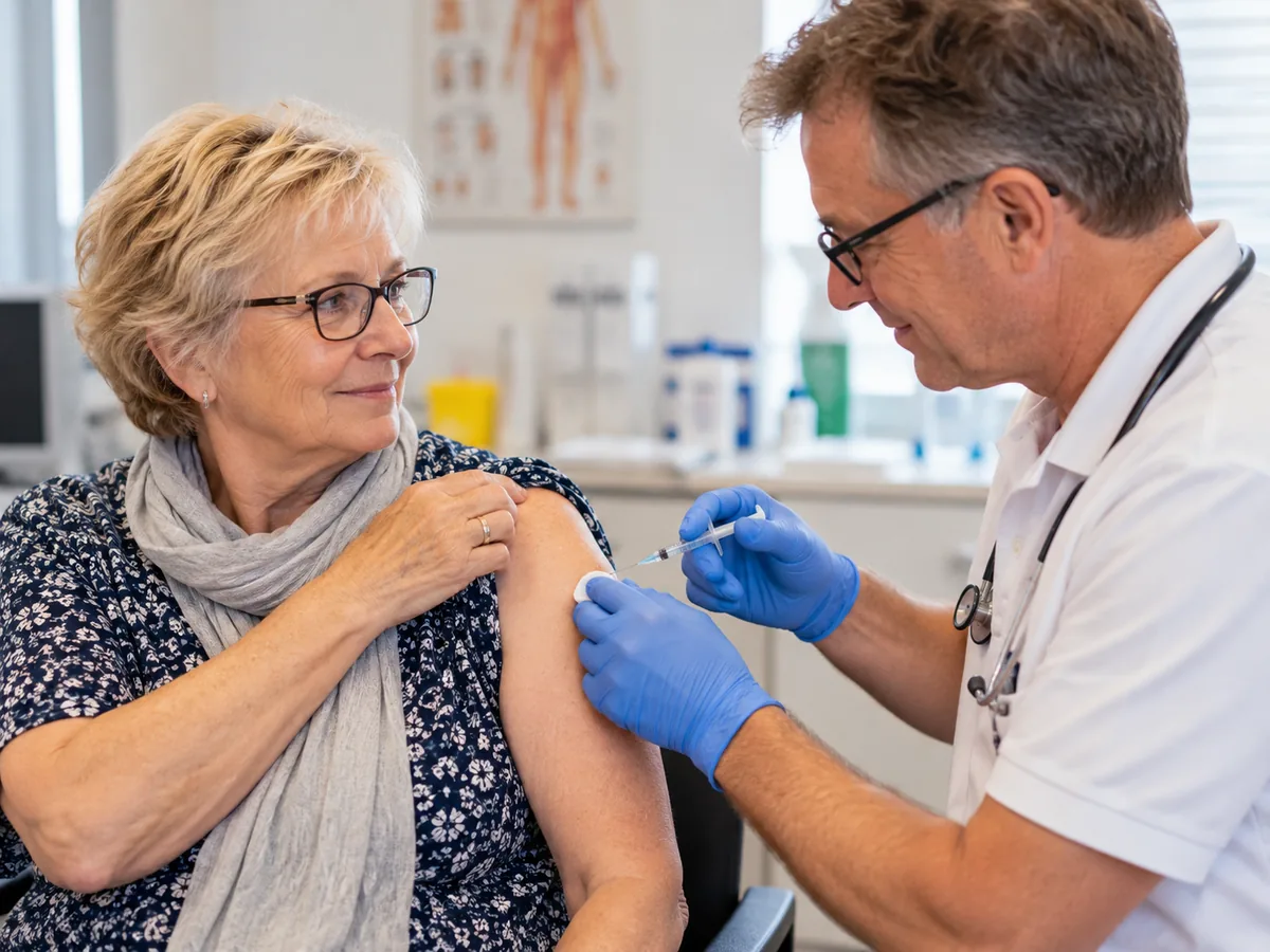 KI-generiertes Symbolbild: älterer Patientin wird in einer Hausarztpraxis eine Spritze in den Oberarm gesetzt