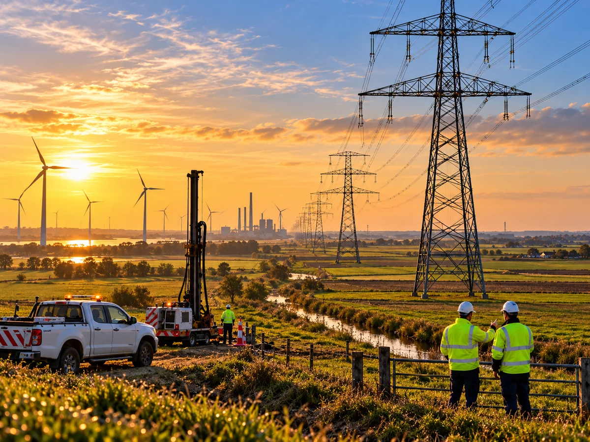 Redaktionelle KI-Illustration zum Ausbau der 380-kV-Strominfrastruktur in der Wesermarsch bei Großenmeer