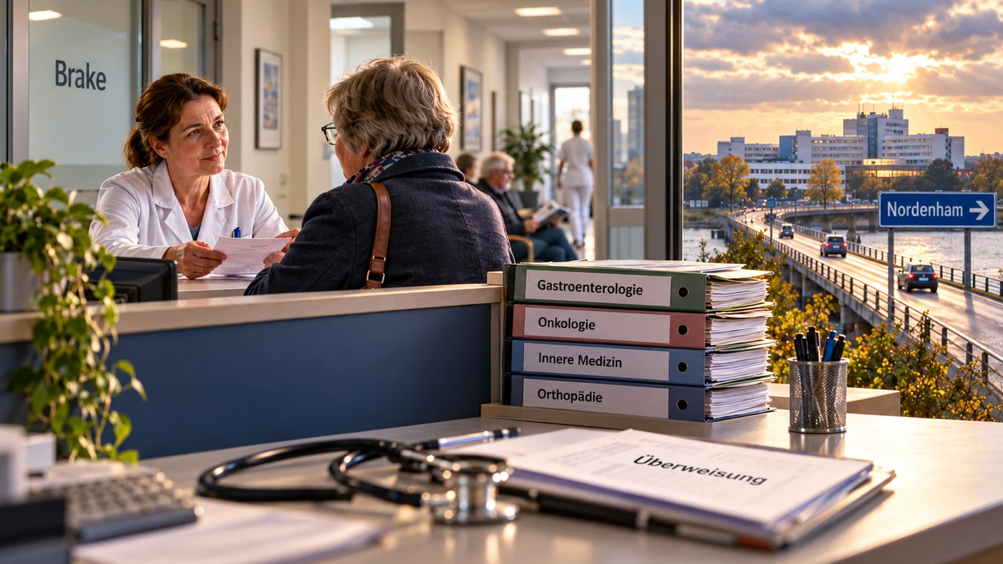 KI-Illustration: Ärztin und Patientin im fiktiven Braker Behandlungsraum. Eine Straße führt symbolisch zur Klinik in Nordenham.