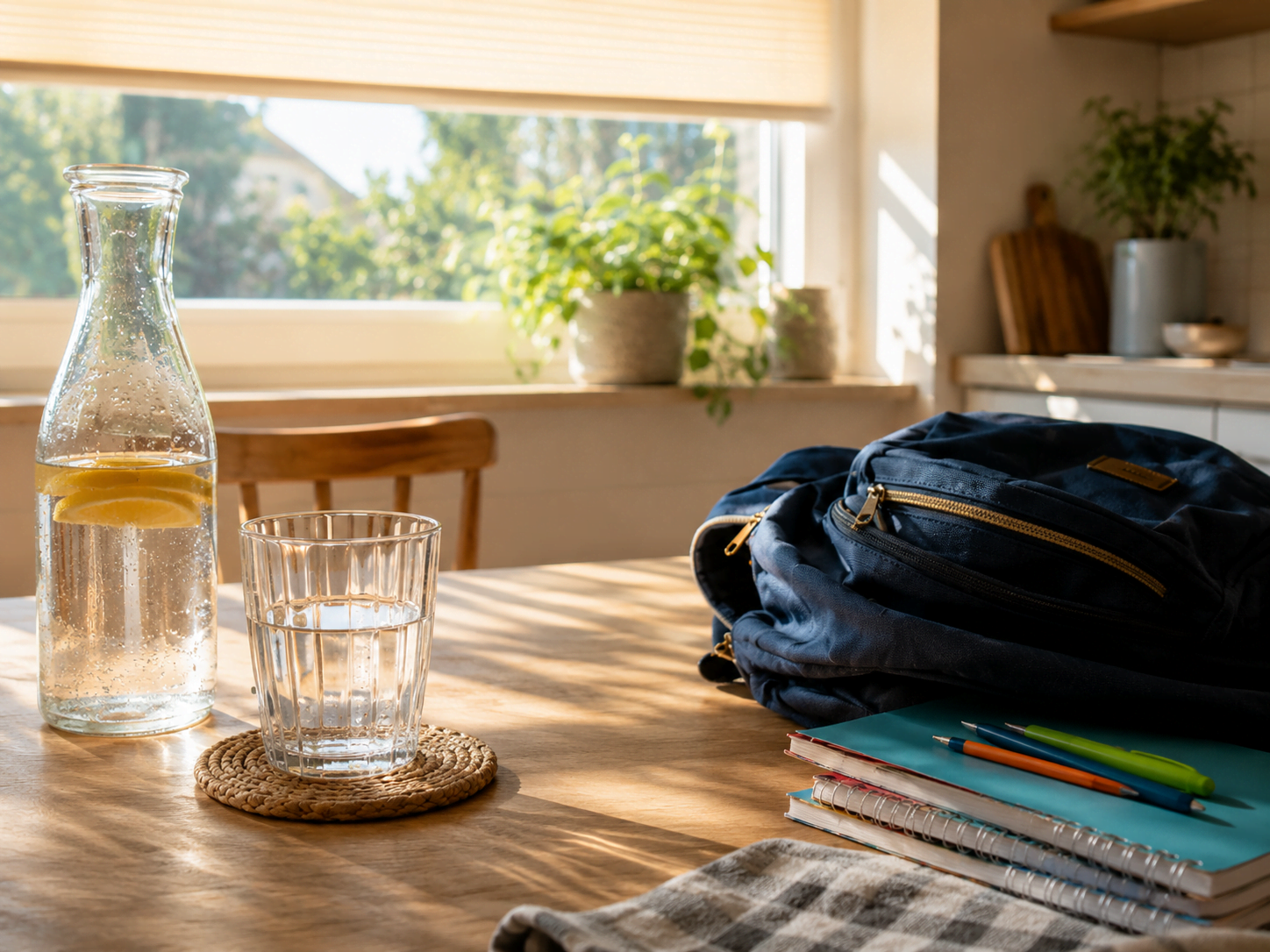 Wasser, Schulranzen und Sommerlicht als Symbolbild für Hitzevorsorge in Brake