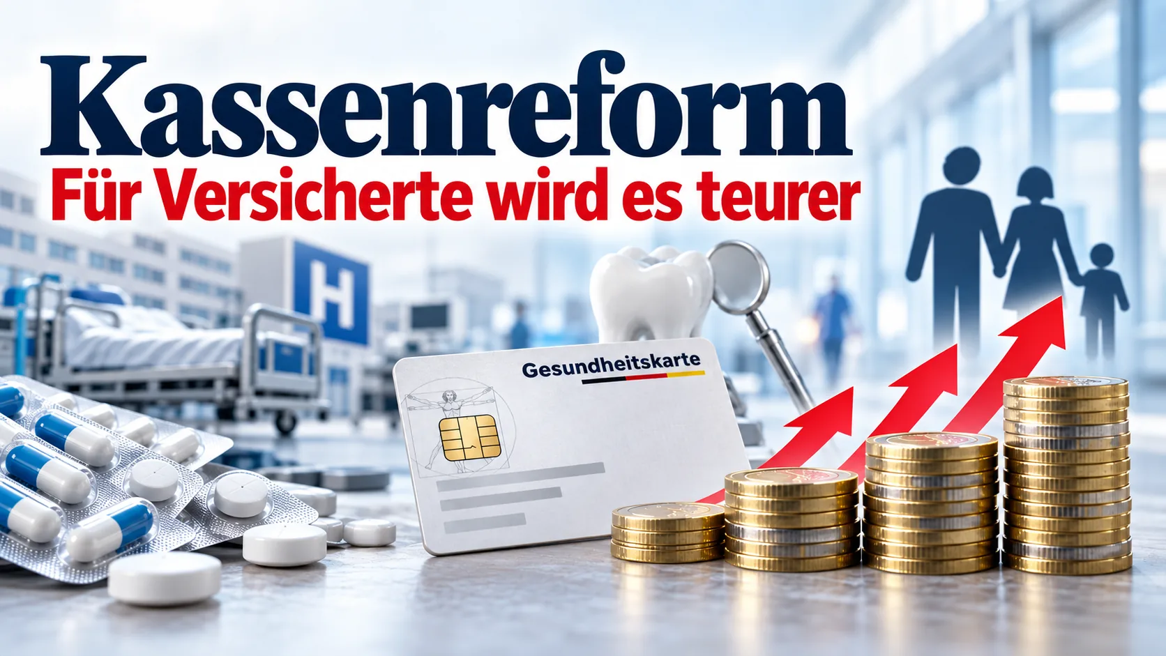 Redaktionelle KI-Illustration zur Kassenreform mit Medikamenten, Krankenhaus, Gesundheitskarte und steigenden Kosten