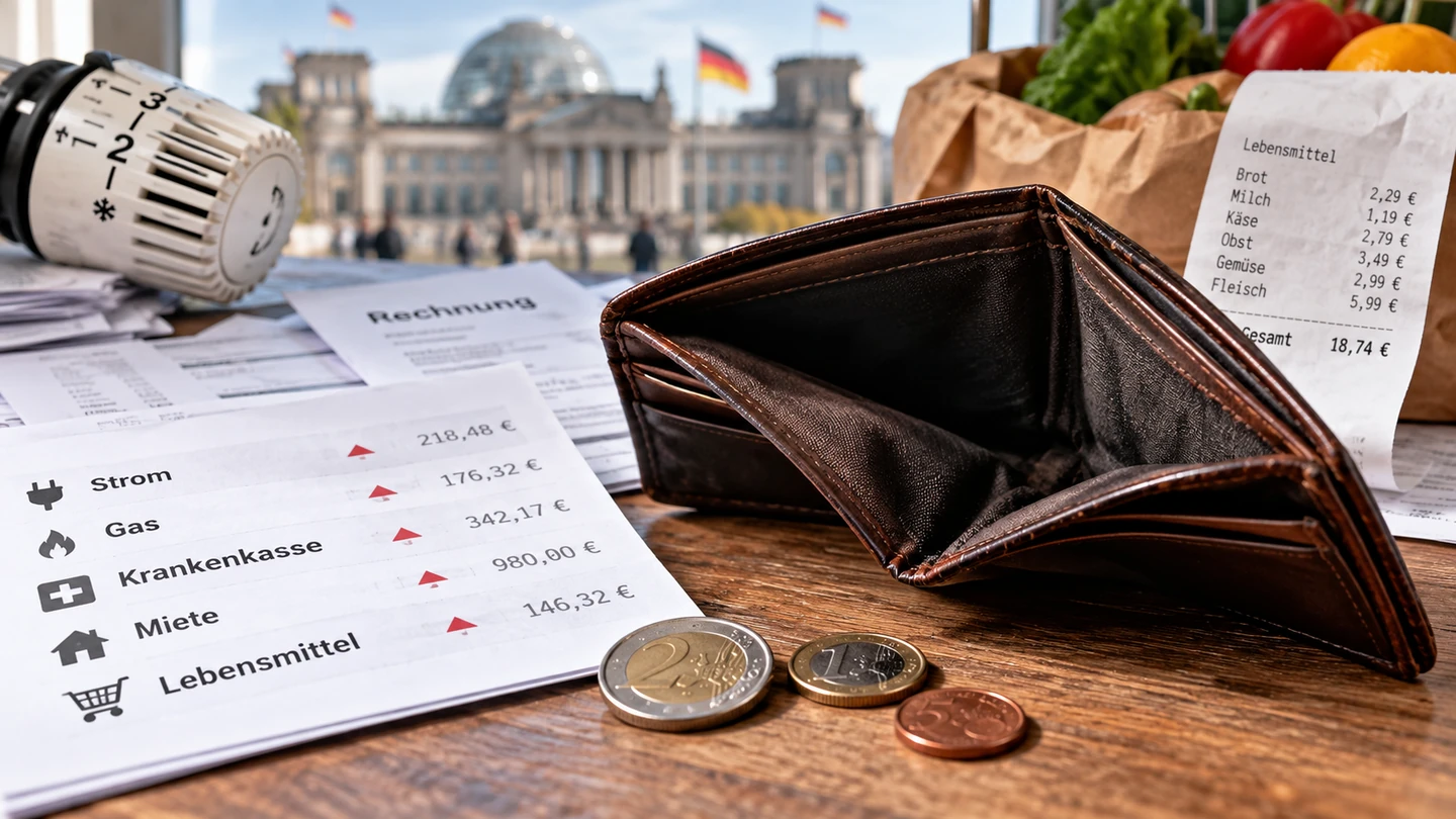Fotorealistische KI-Illustration: fast leeres Lederportemonnaie, Euromünzen, symbolische Haushaltsrechnungen und Lebensmittel, im Hintergrund ein unscharfes Parlamentsgebäude