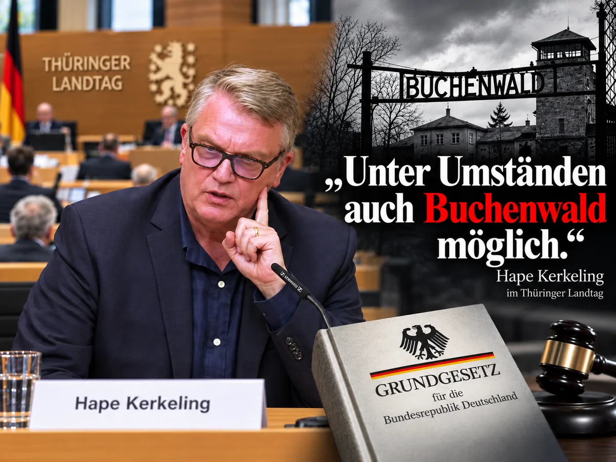 Redaktionelle KI-Illustration zur AfD-Verbotsanhörung im Thüringer Landtag mit Hape Kerkeling, Buchenwald-Bezug und Grundgesetz