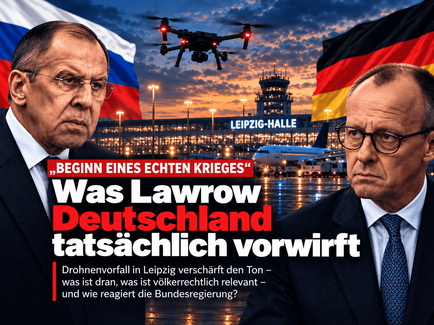 Redaktionelle Illustration zu den Spannungen zwischen Russland und Deutschland nach dem Drohnenvorfall in Leipzig