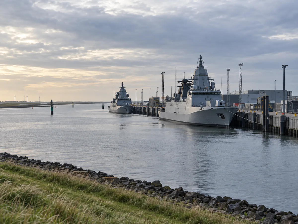 KI-Illustration zweier grauer Marineschiffe an einer Nordsee-Kaje mit Deich im Vordergrund; keine Aufnahme des Rysumer Nackens