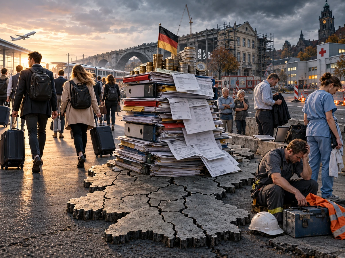 Redaktionelle KI-Illustration: Menschen verlassen Deutschland, Beschäftigte ziehen sich aus Arbeit zurück und die verbleibende Beitragsbasis trägt wachsende Lasten