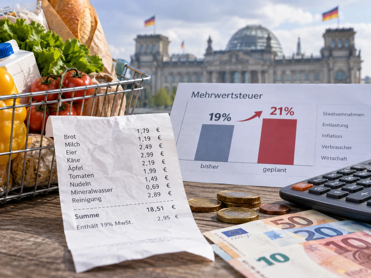 Redaktionelle Illustration zur Debatte über eine mögliche Anhebung des regulären Mehrwertsteuersatzes von 19 auf 21 Prozent