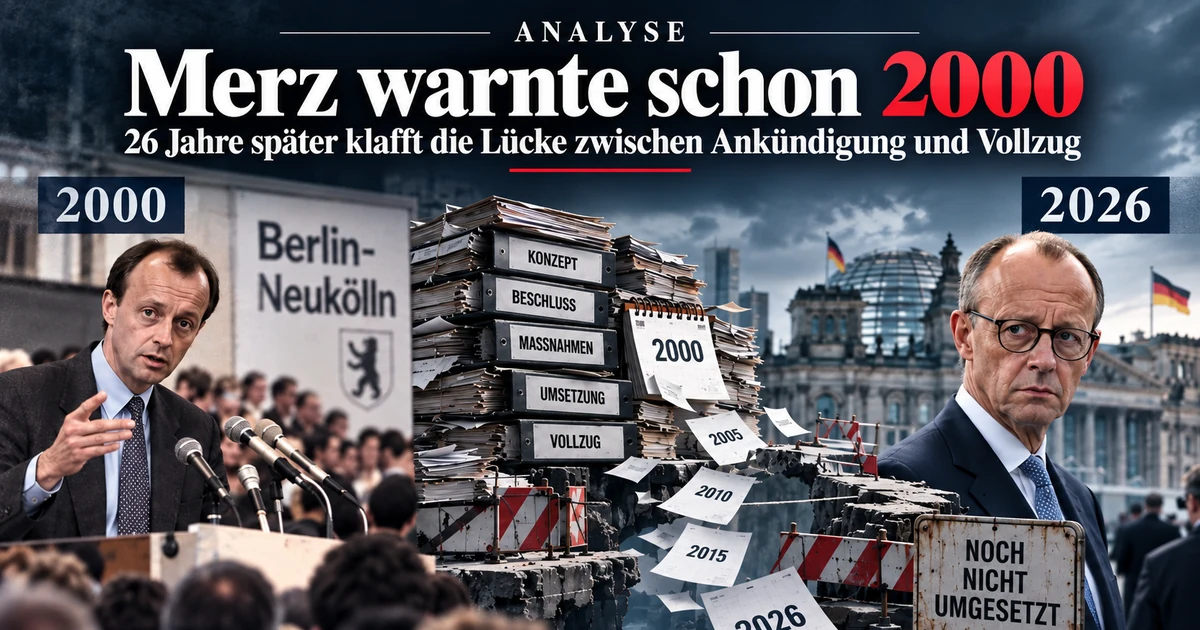 Redaktionelle KI-Illustration zu Friedrich Merz im Jahr 2000 und 2026 sowie zur Lücke zwischen Ankündigung und Vollzug