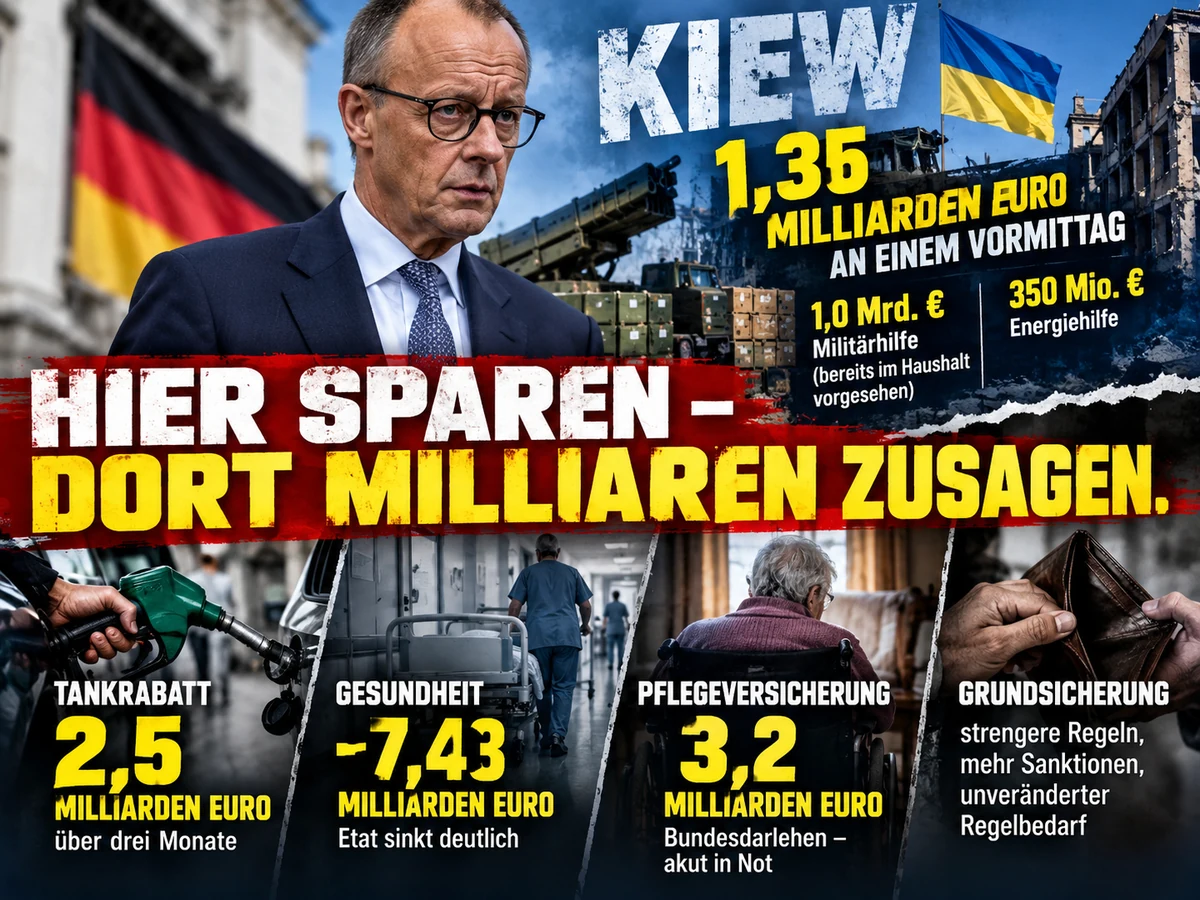 Redaktionelle KI-Illustration: Friedrich Merz vor Deutschland- und Ukraine-Bezug, dazu Milliardenbeträge für Kiew, Tankrabatt und Pflegeversicherung
