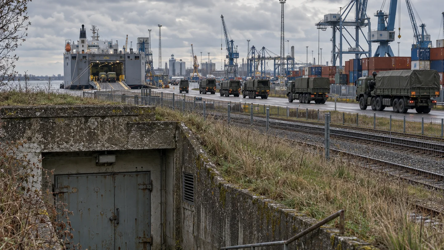 KI-Illustration: militärische Lastwagen in einem norddeutschen Hafen, davor der Eingang zu einem verlassen wirkenden Schutzbau; keine reale Aufnahme aus Brake