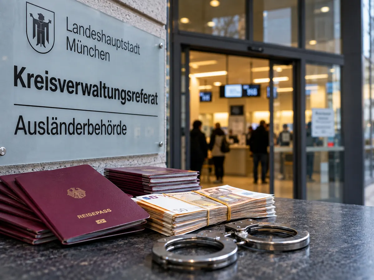 Redaktionelle KI-Illustration zur Anklage gegen eine ehemalige Mitarbeiterin der Münchner Ausländerbehörde