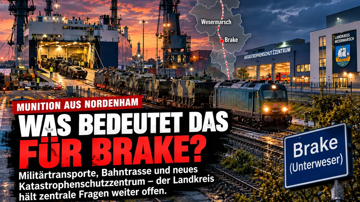 Redaktionelle KI-Illustration zu militärischer Logistik zwischen Nordenham und Brake sowie zum Katastrophenschutz in der Wesermarsch