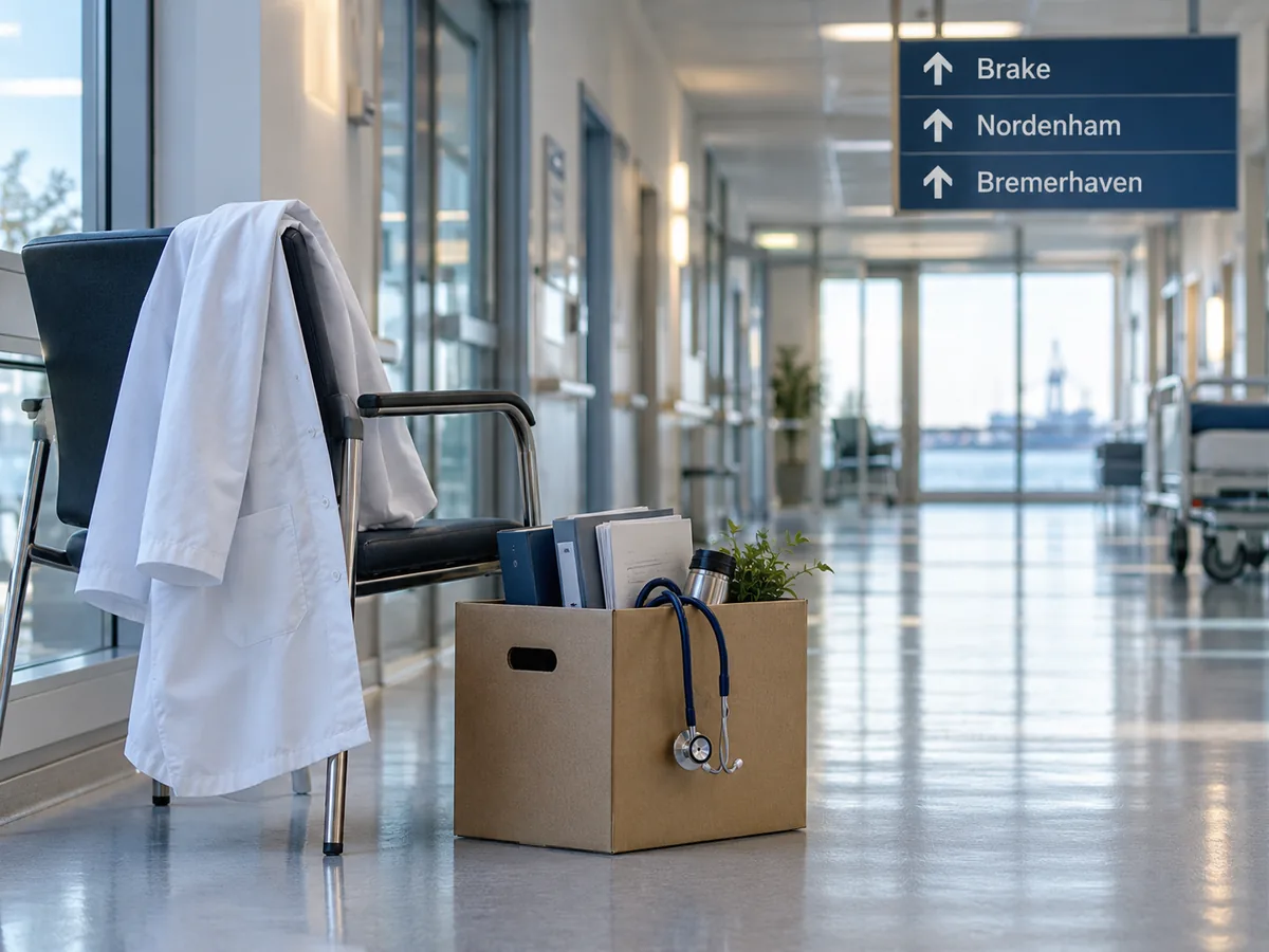 Krankenhausflur mit Arztkittel, Umzugskiste und Wegweisern nach Brake, Nordenham und Bremerhaven als Symbol für den beruflichen Wechsel von Dr. Peter Petarus