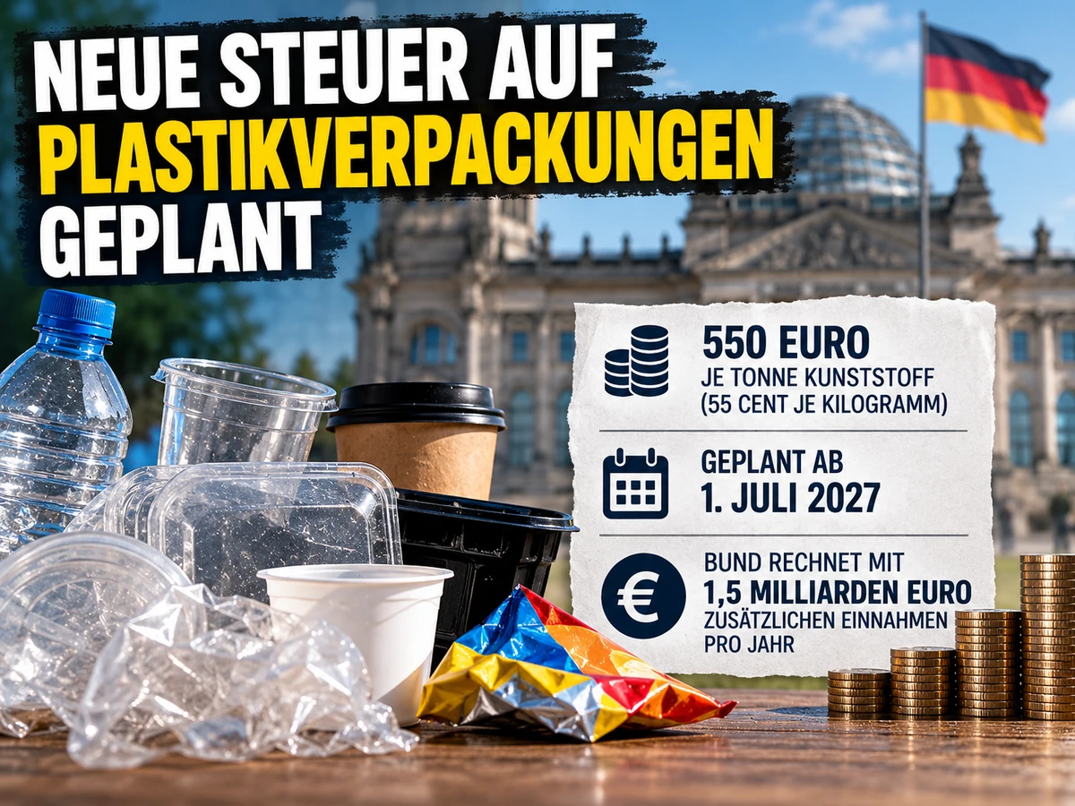 Redaktionelle KI-Illustration zur geplanten Plastiksteuer mit Kunststoffverpackungen, Bundestag und Steuereinnahmen