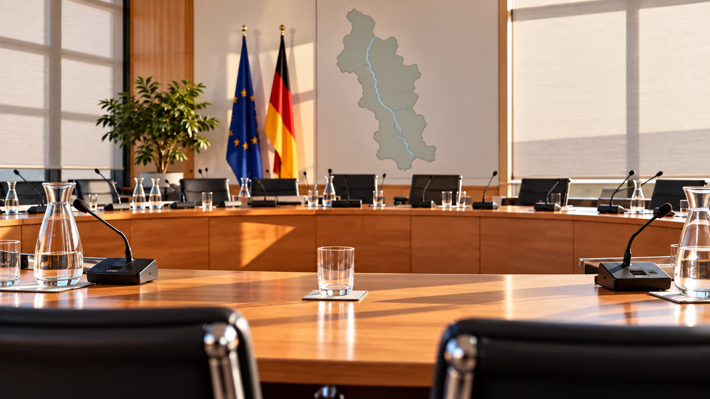 Symbolische Darstellung eines leeren kommunalen Ratssaals mit Jalousien, Mikrofonen und stilisierter Regionskarte; keine reale Aufnahme