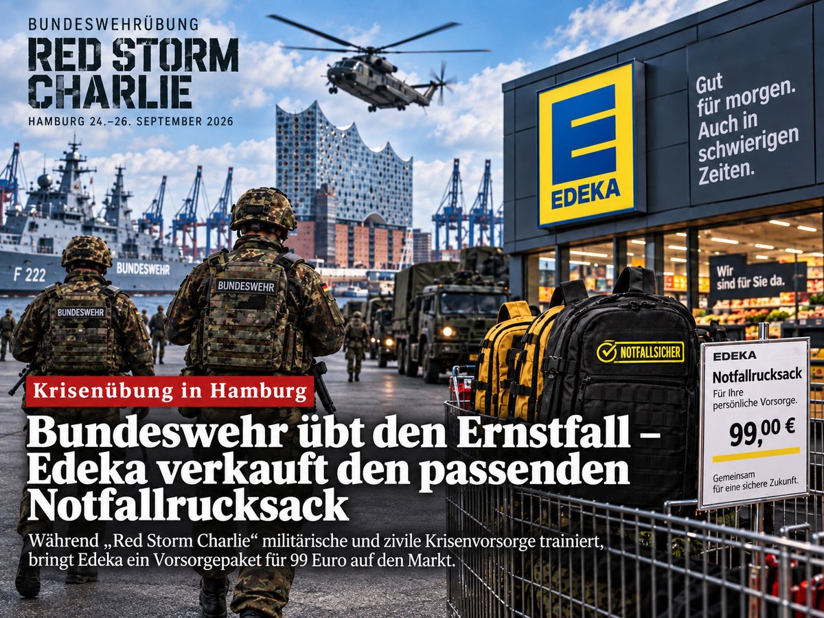 KI-generierte redaktionelle Illustration zu Red Storm Charlie, Edeka und einem Notfallrucksack