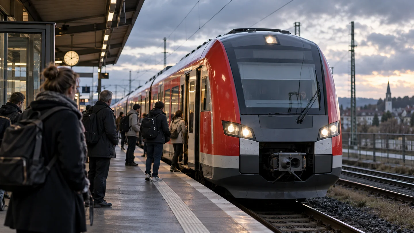 KI-Illustration: Pendler warten an einem Bahnhof neben einem modernen Regionalzug; keine Aufnahme aus der Wesermarsch