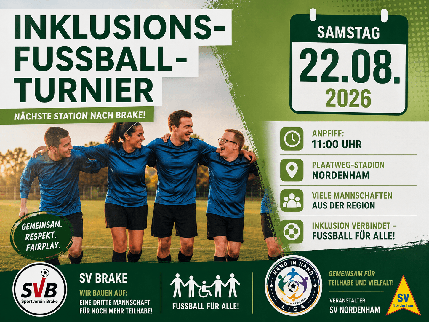 Aufmacher zum Inklusionsfußball des SV Brake mit Hinweis auf das Turnier am 22. August 2026 in Nordenham