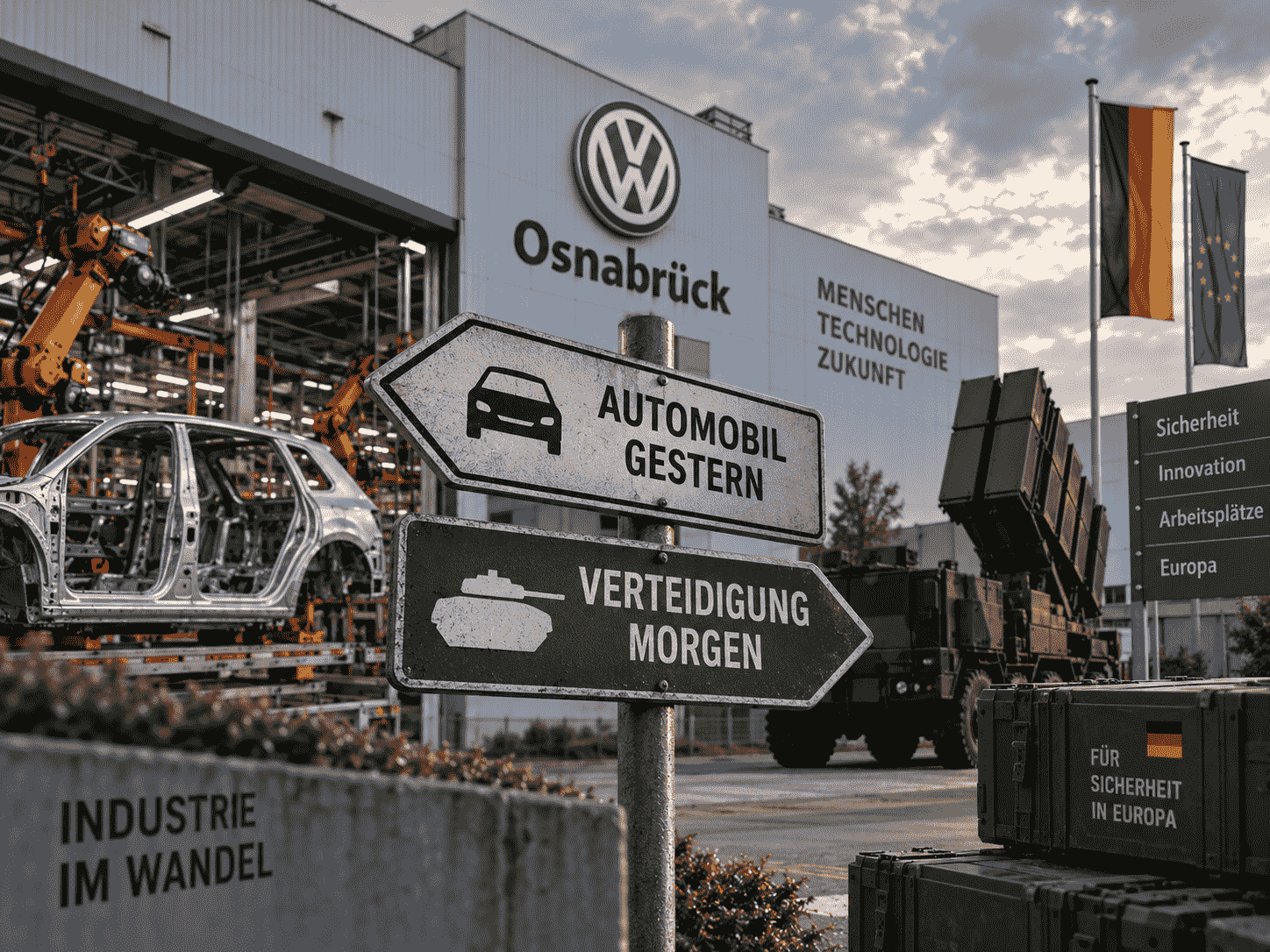Symbolische Darstellung des Volkswagen-Werks Osnabrück zwischen Fahrzeugfertigung und Verteidigungsproduktion