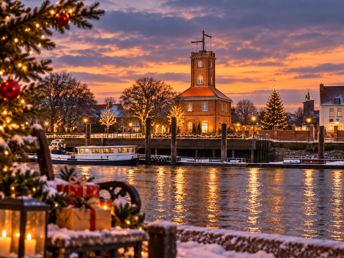 Redaktionelle KI-Illustration zur Aktion Weihnachtsfreude Wesermarsch mit winterlicher Unterweser und Geschenkpaketen