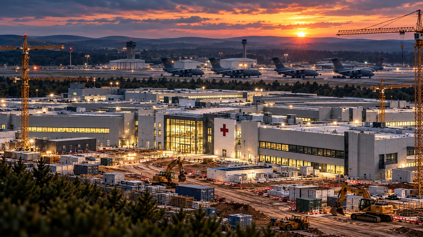 KI-generierte Symbolillustration eines militärischen Krankenhauskomplexes mit Baukränen und Transportflugzeugen bei Sonnenuntergang; keine reale Aufnahme aus Weilerbach