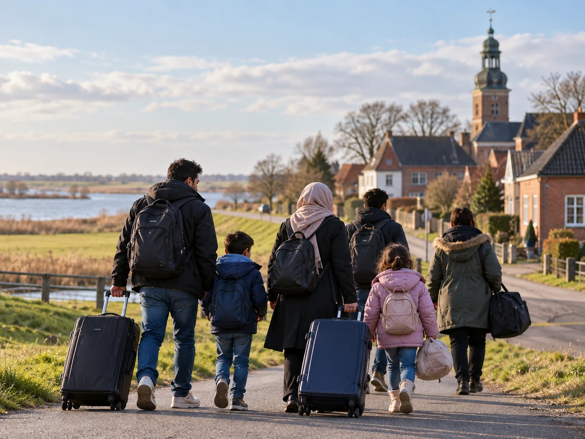 Redaktionelles Symbolbild: Menschen mit Reisegepäck auf einem Weg in Richtung einer Ortschaft