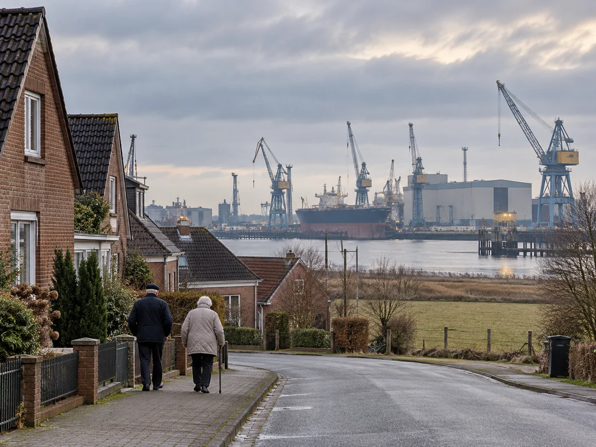 Symbolische Darstellung einer ruhigen Wohnstraße mit älteren Spaziergängern vor einem Industriehafen an der Unterweser
