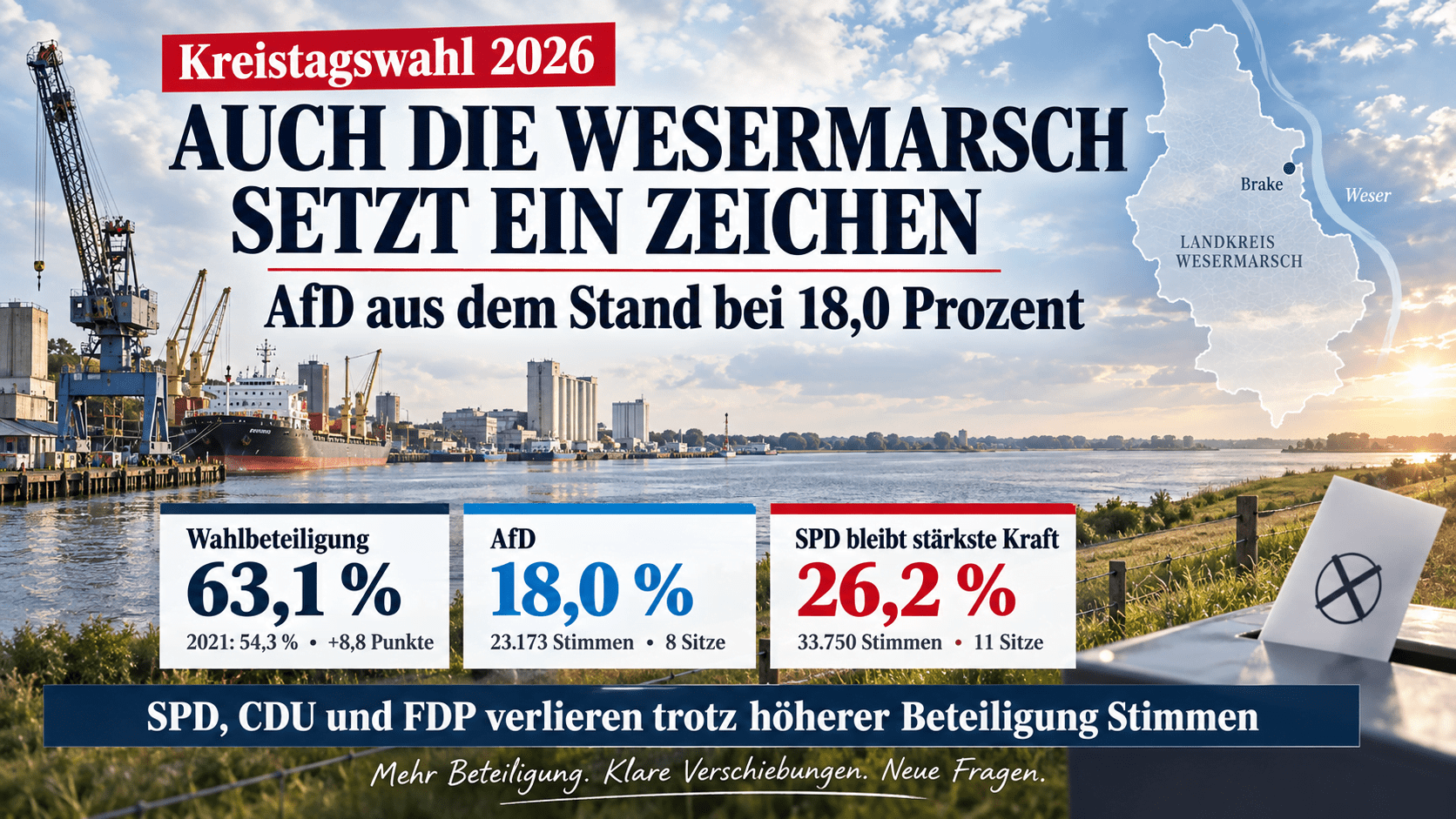 Kreistagswahl 2026 in der Wesermarsch: höhere Wahlbeteiligung und veränderte Kräfteverhältnisse