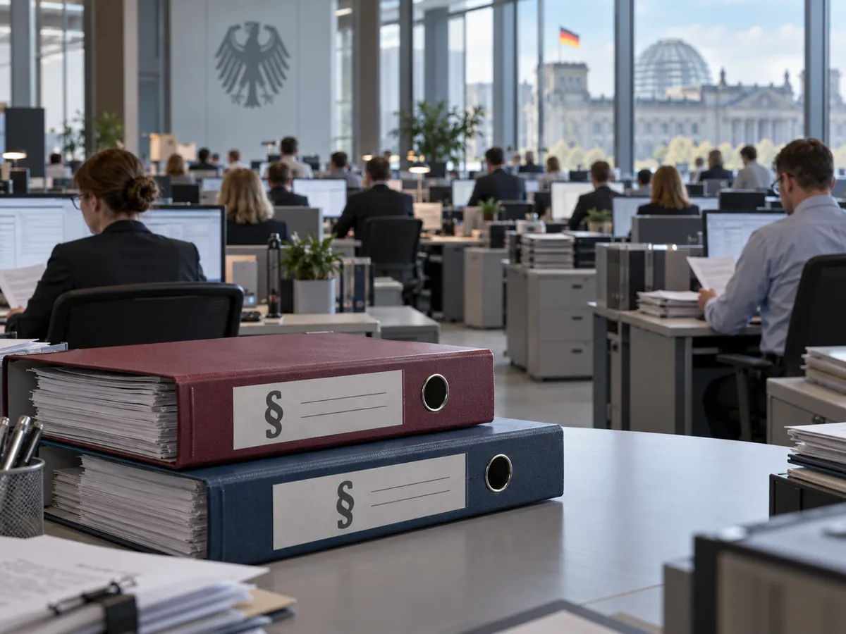 Redaktionelle KI-Illustration einer deutschen Verwaltungsbehörde mit vielen Arbeitsplätzen und zwei Aktenordnern für neue Steuervorhaben